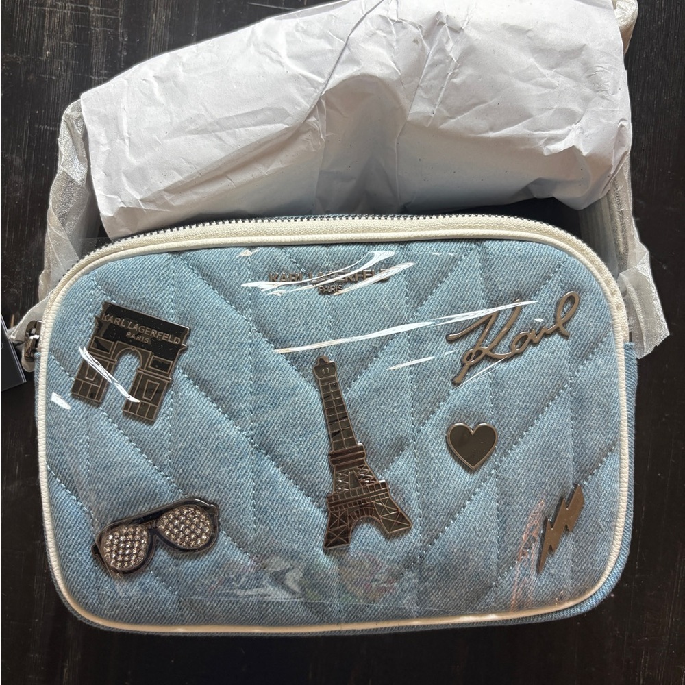 Karl Lagerfeld Light Blue Quilted Cosmetic Pouch with Paris Pins